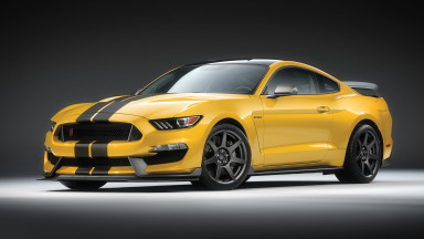 CG image render of 3D modeled Triple Yellow Ford Mustang Shelby GT 350R exterior